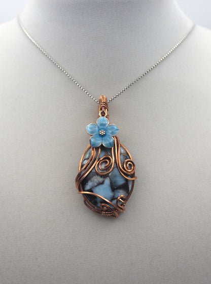 Raw Copper Larimar in Copper Composite Blue Flower Pendant Necklace