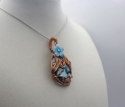 Raw Copper Larimar in Copper Composite Blue Flower Pendant Necklace