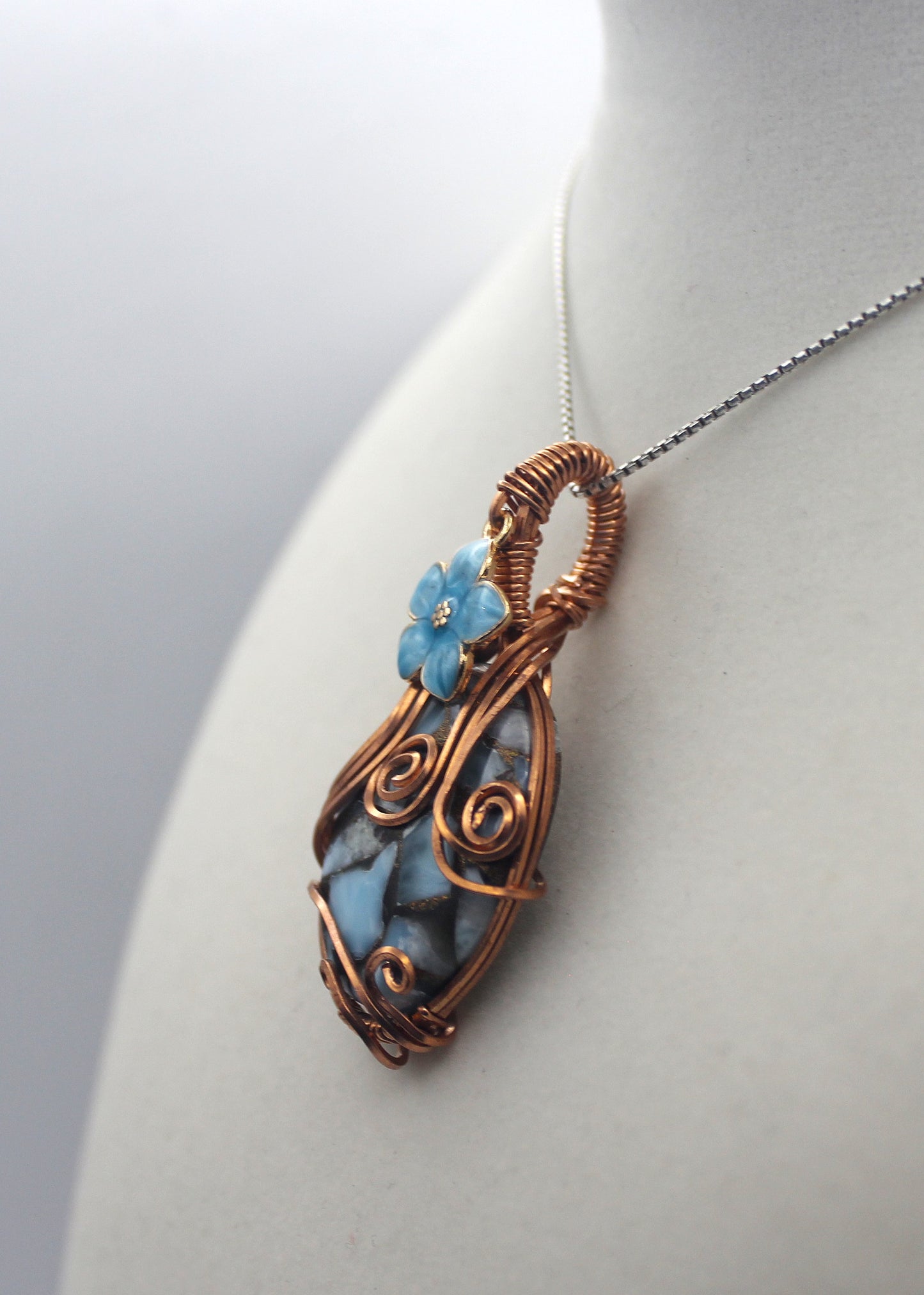 Raw Copper Larimar in Copper Composite Blue Flower Pendant Necklace