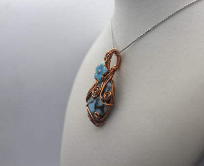 Raw Copper Larimar in Copper Composite Blue Flower Pendant Necklace