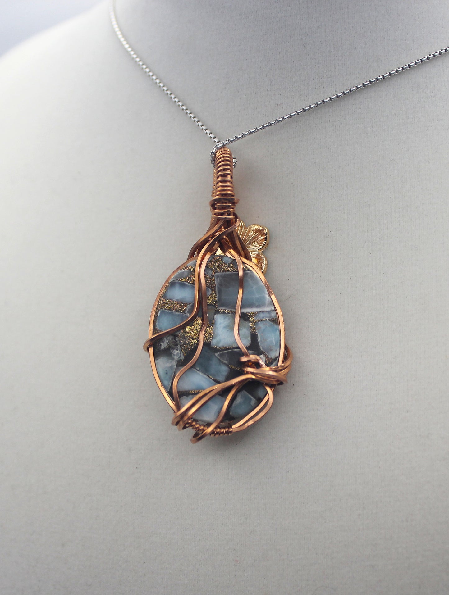 Raw Copper Larimar in Copper Composite Blue Flower Pendant Necklace