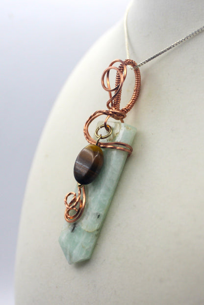 Raw Copper Drilled Amazonite Tiger's Eye Charm Pendant Necklace