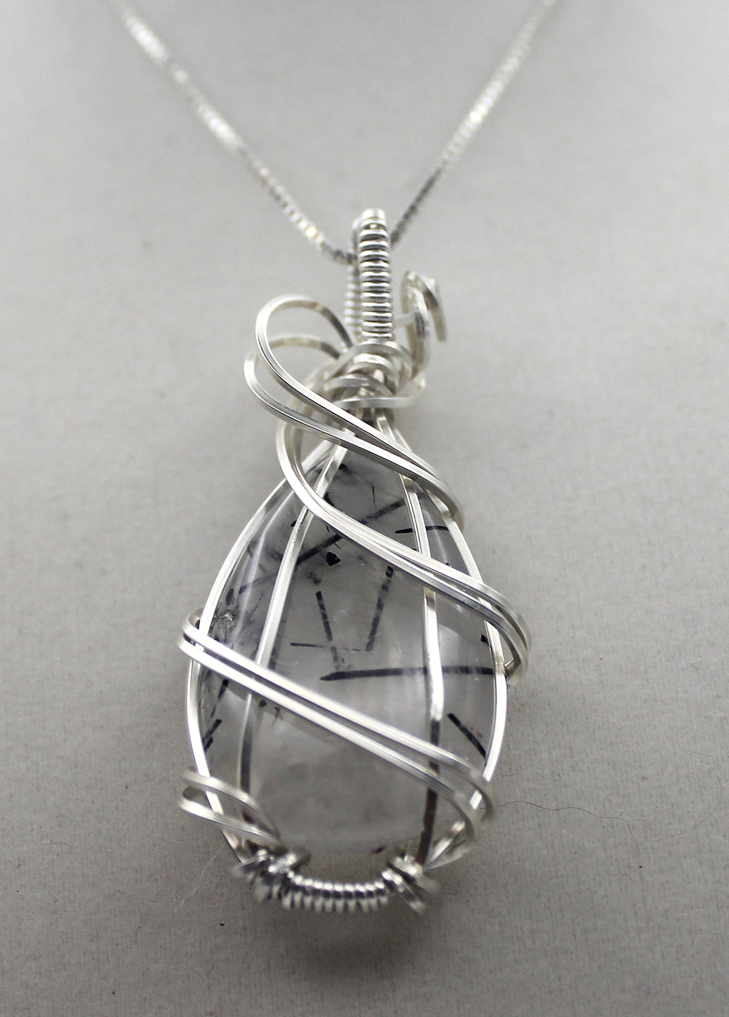 Argentium Silver Black Rutilated Quartz Teardrop Pendant Necklace
