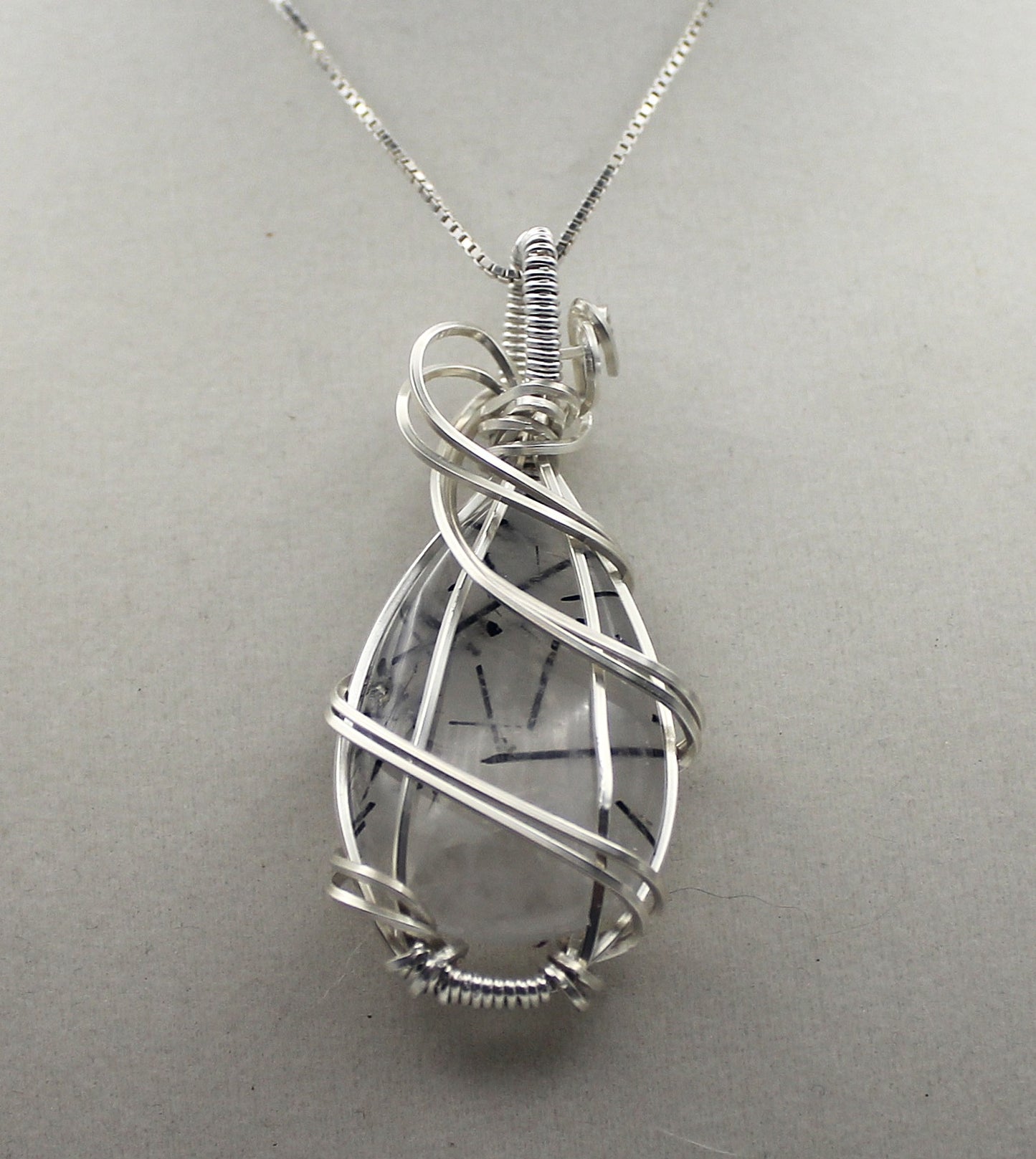 Argentium Silver Black Rutilated Quartz Teardrop Pendant Necklace