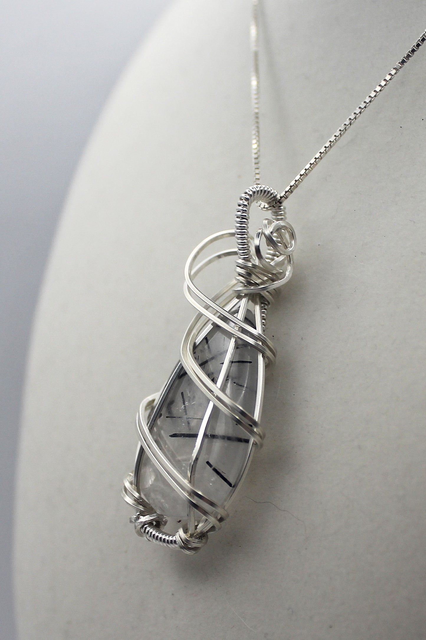 Argentium Silver Black Rutilated Quartz Teardrop Pendant Necklace