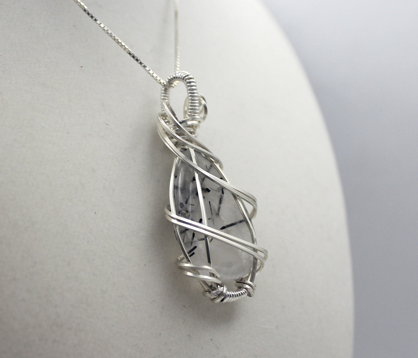 Argentium Silver Black Rutilated Quartz Teardrop Pendant Necklace