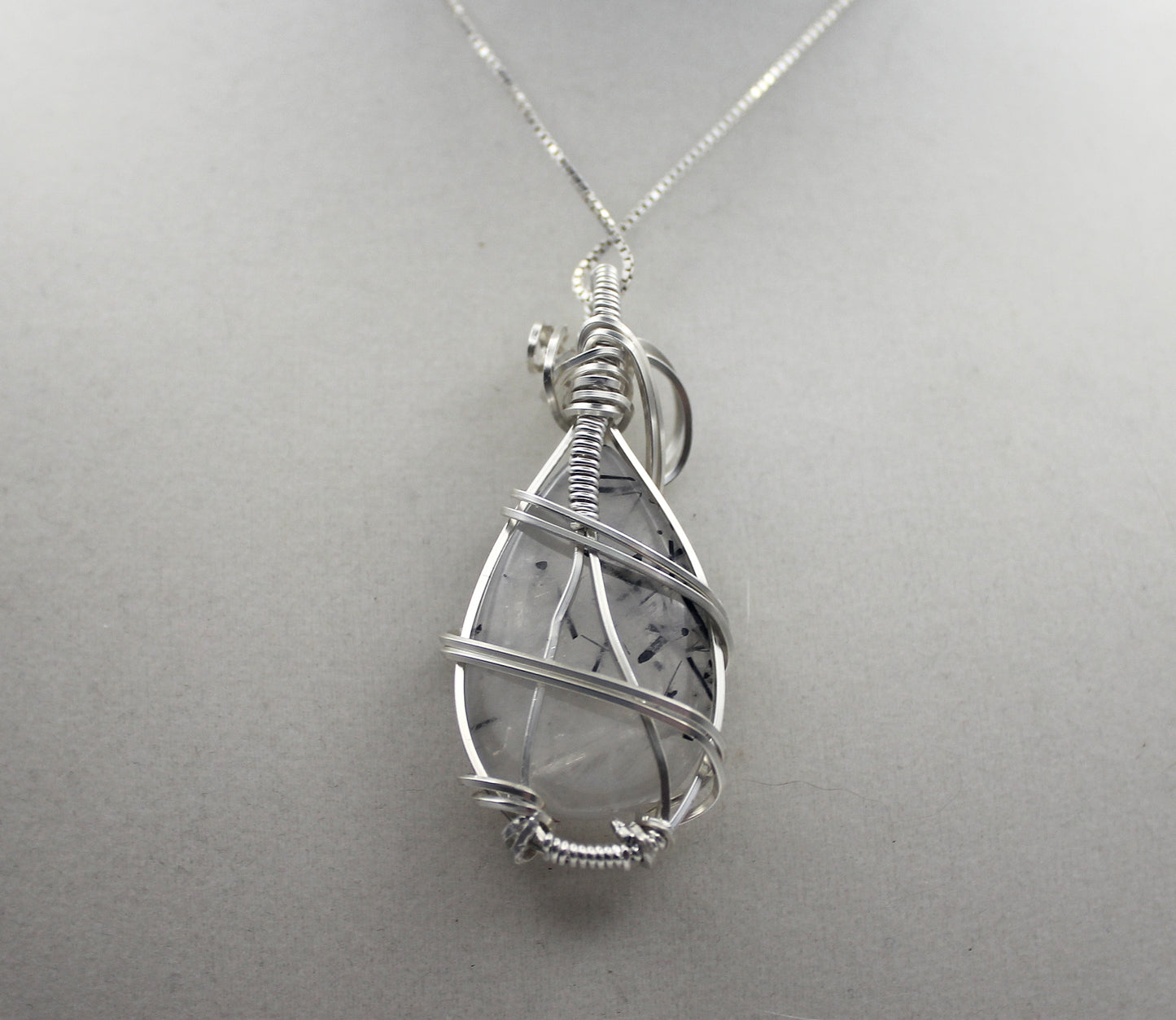 Argentium Silver Black Rutilated Quartz Teardrop Pendant Necklace