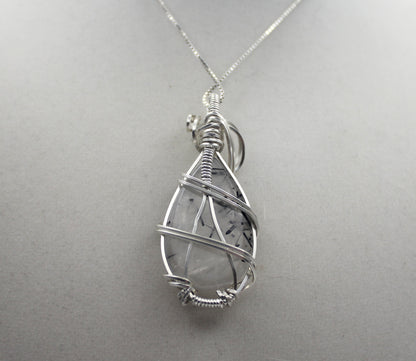 Argentium Silver Black Rutilated Quartz Teardrop Pendant Necklace