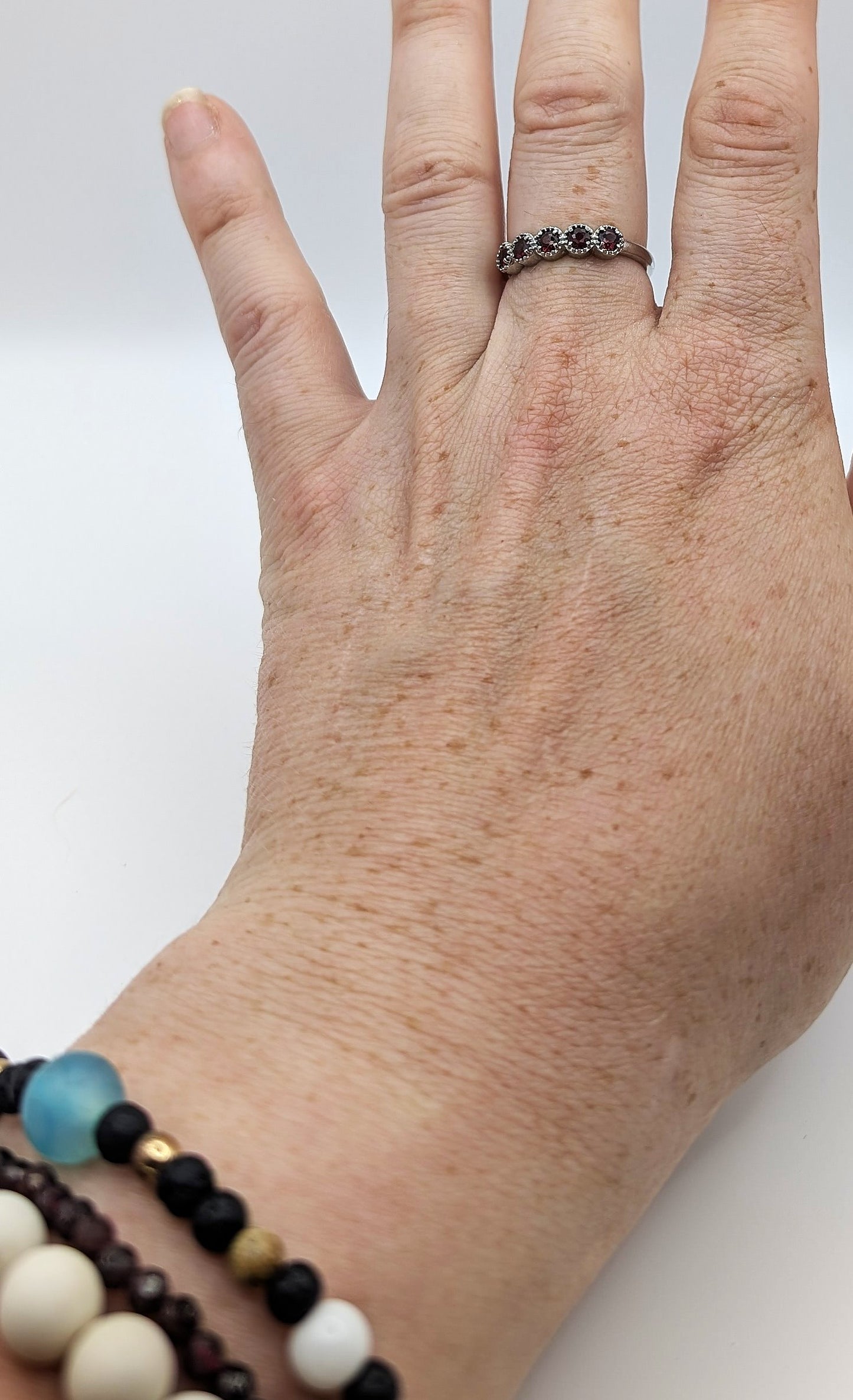 Ring Garnet Band Silver Color Plated Adjustable