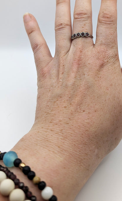 Ring Garnet Band Silver Color Plated Adjustable