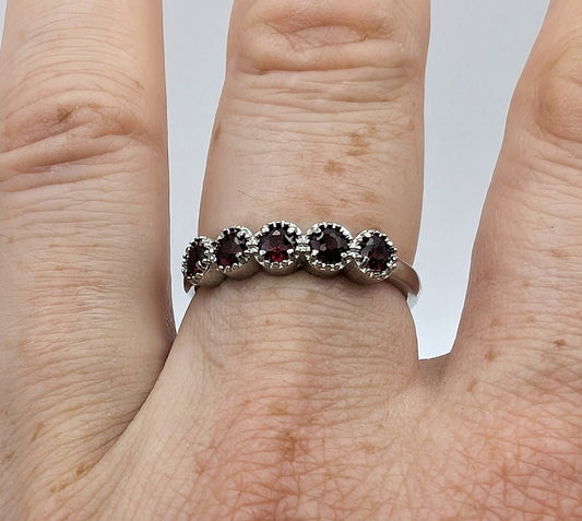 Ring Garnet Band Silver Color Plated Adjustable