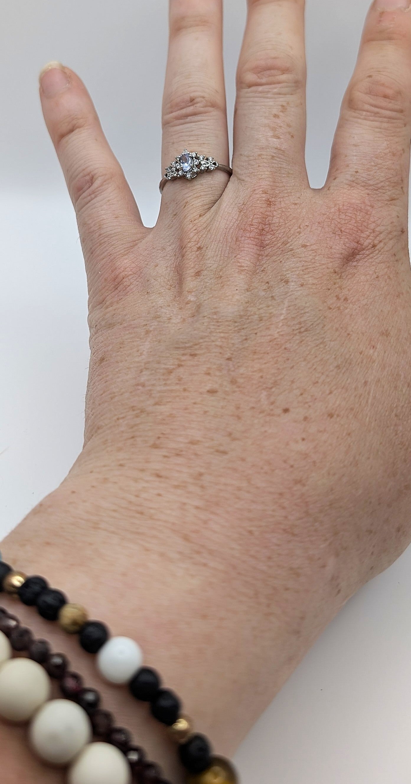 Ring Blue Topaz with White Accent Stones Silver Color Plated Adjustable