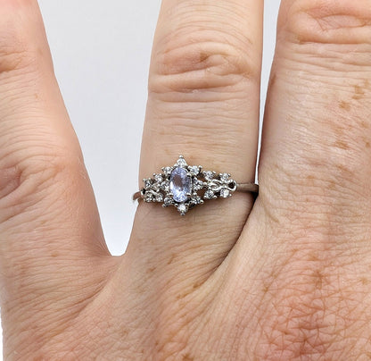 Ring Blue Topaz with White Accent Stones Silver Color Plated Adjustable