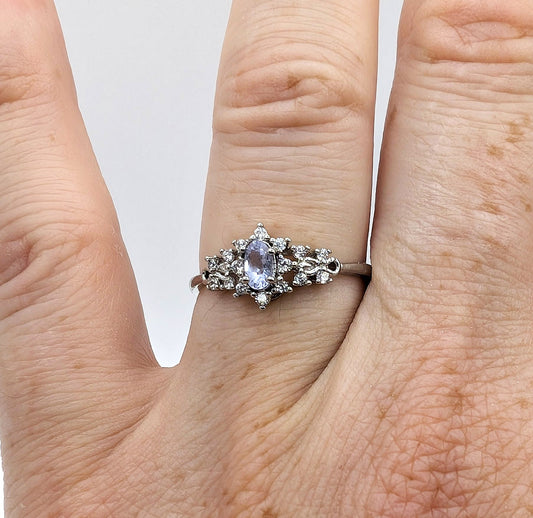 Blue Topaz with White Accent Stones Silver Color Plated Adjustable Ring