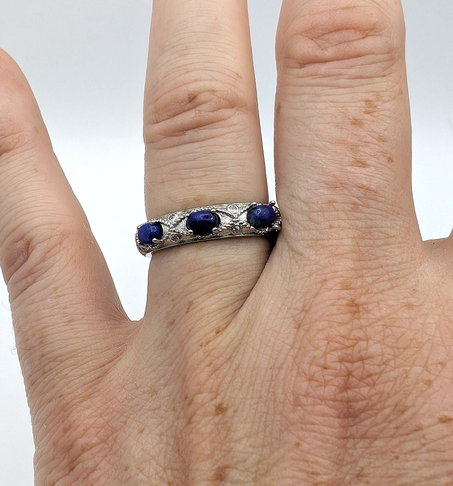 Ring Lapis Lazuli Band Silver Color Plated Adjustable
