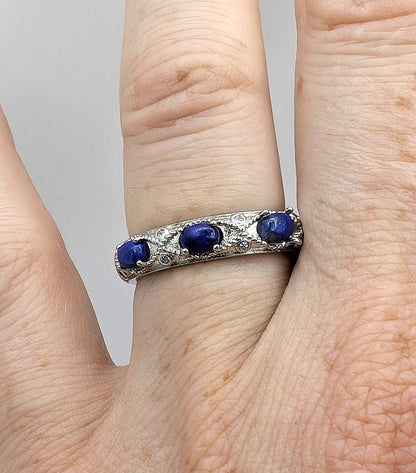 Ring Lapis Lazuli Band Silver Color Plated Adjustable