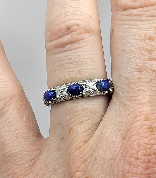 Ring Lapis Lazuli Band Silver Color Plated Adjustable