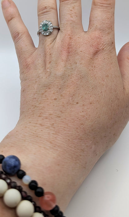 Ring Green Fluorite with White Accent Stones Silver Color Plated Adjustable