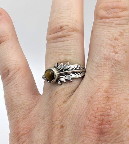 Ring Tiger's Eye Feather Silver Color Plated
