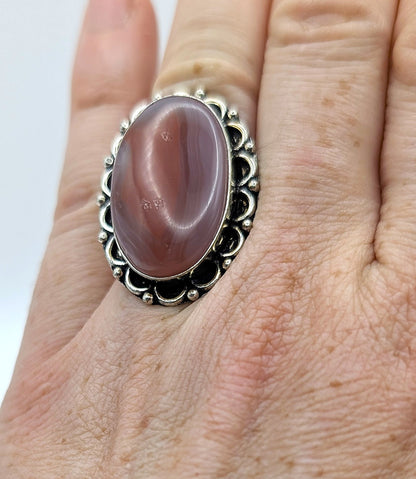 Ring Red Banded Agate Silver Color Plated