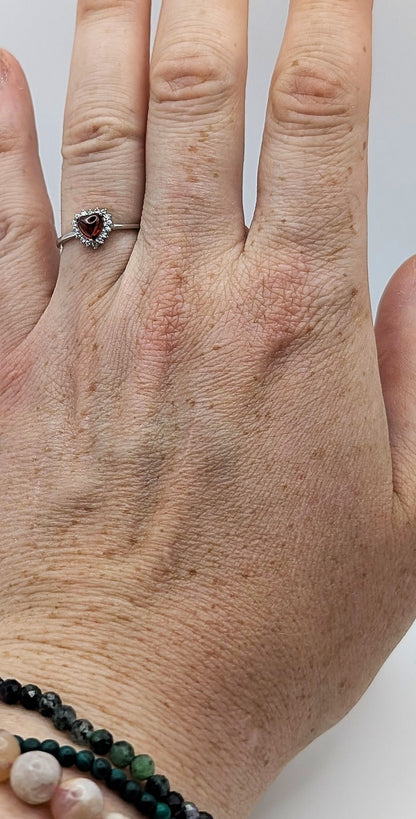 Ring Garnet Heart with White Accent Stones Sterling Silver Adjustable