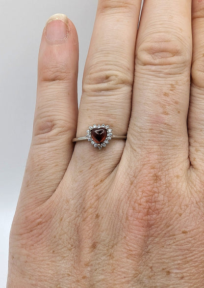 Ring Garnet Heart with White Accent Stones Sterling Silver Adjustable