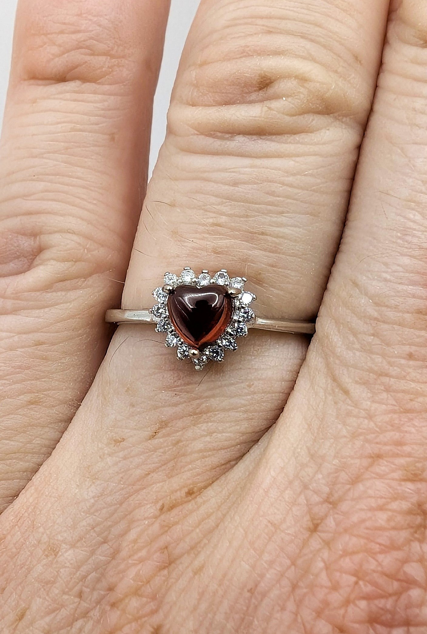 Ring Garnet Heart with White Accent Stones Sterling Silver Adjustable