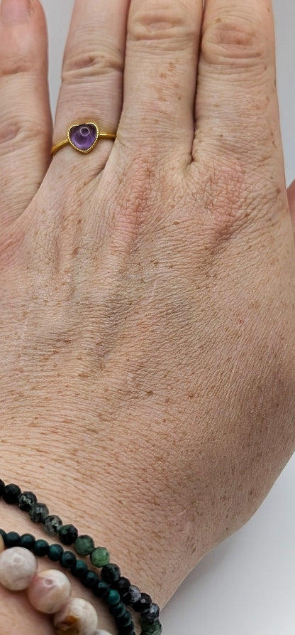 Ring Amethyst Heart Gold Color Sterling Silver Adjustable