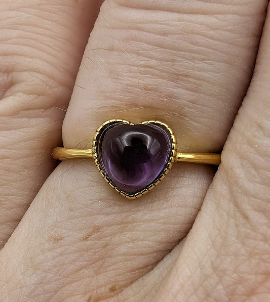Ring Amethyst Heart Gold Color Sterling Silver Adjustable
