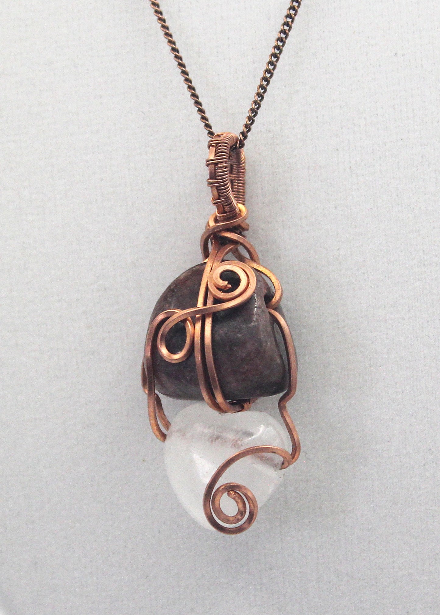 Raw Copper Rhodonite and Quartz Pendant Necklace – Grounded Heart & Clear Energy