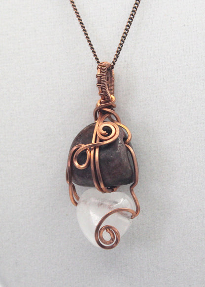 Raw Copper Rhodonite and Quartz Pendant Necklace – Grounded Heart & Clear Energy