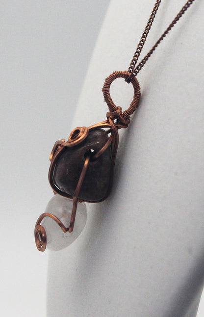 Raw Copper Rhodonite and Quartz Pendant Necklace – Grounded Heart & Clear Energy