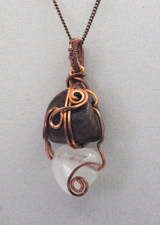 Raw Copper Rhodonite and Quartz Pendant Necklace – Grounded Heart & Clear Energy