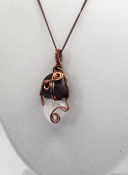 Raw Copper Rhodonite and Quartz Pendant Necklace – Grounded Heart & Clear Energy