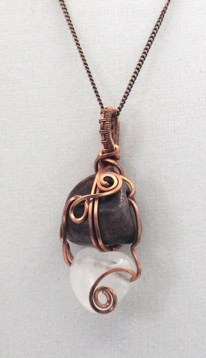 Raw Copper Rhodonite and Quartz Pendant Necklace – Grounded Heart & Clear Energy