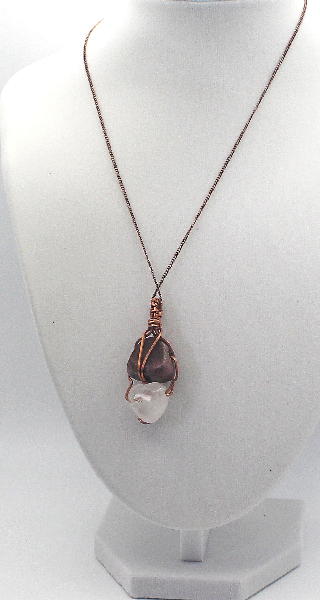 Raw Copper Rhodonite and Quartz Pendant Necklace – Grounded Heart & Clear Energy
