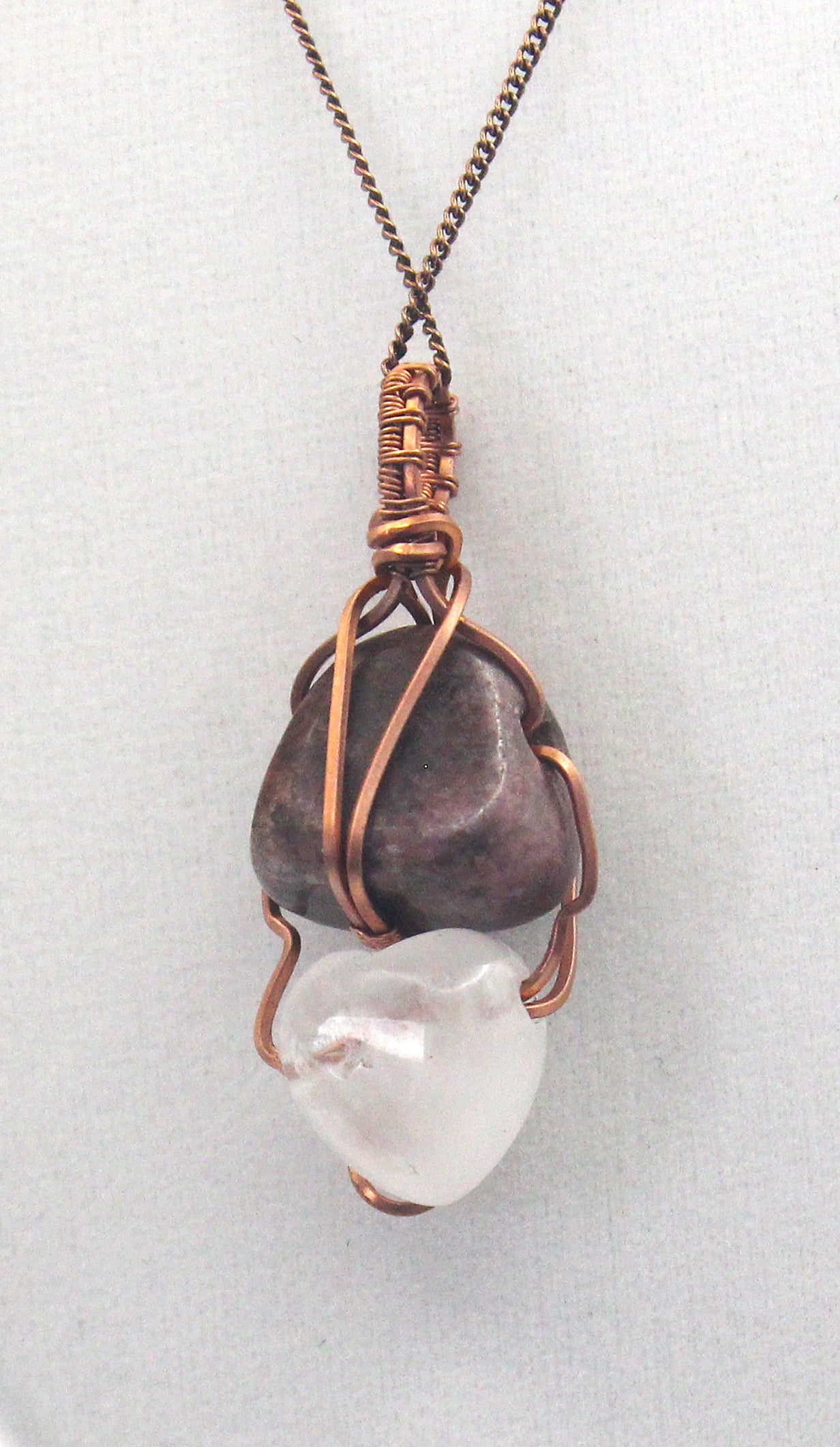 Raw Copper Rhodonite and Quartz Pendant Necklace – Grounded Heart & Clear Energy