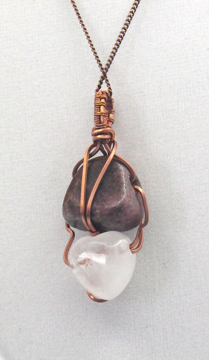 Raw Copper Rhodonite and Quartz Pendant Necklace – Grounded Heart & Clear Energy