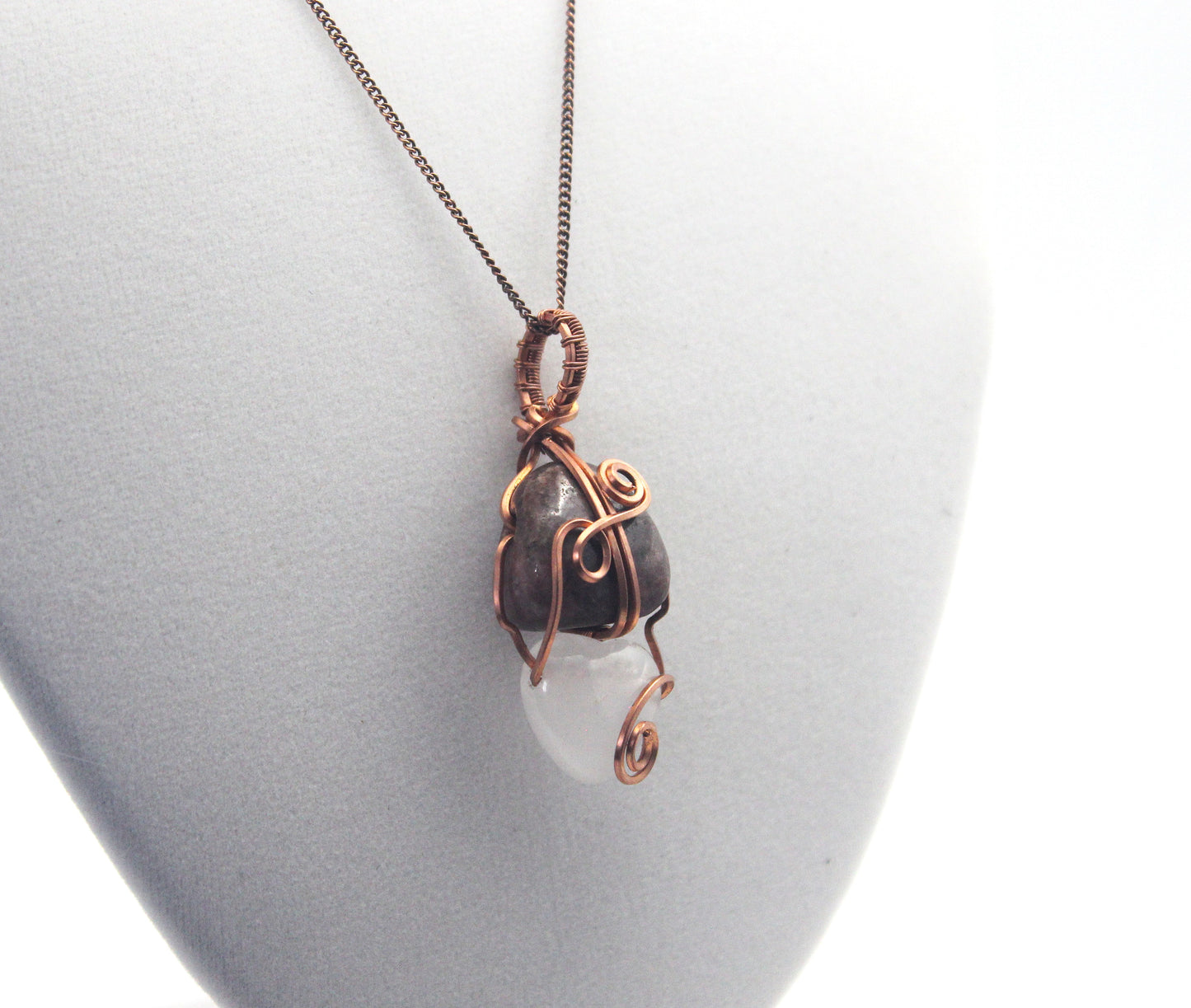 Raw Copper Rhodonite and Quartz Pendant Necklace – Grounded Heart & Clear Energy
