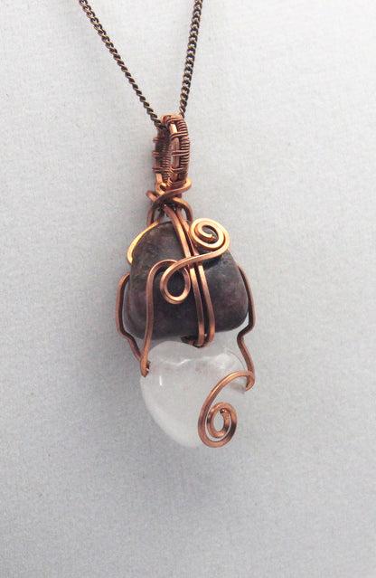 Raw Copper Rhodonite and Quartz Pendant Necklace – Grounded Heart & Clear Energy