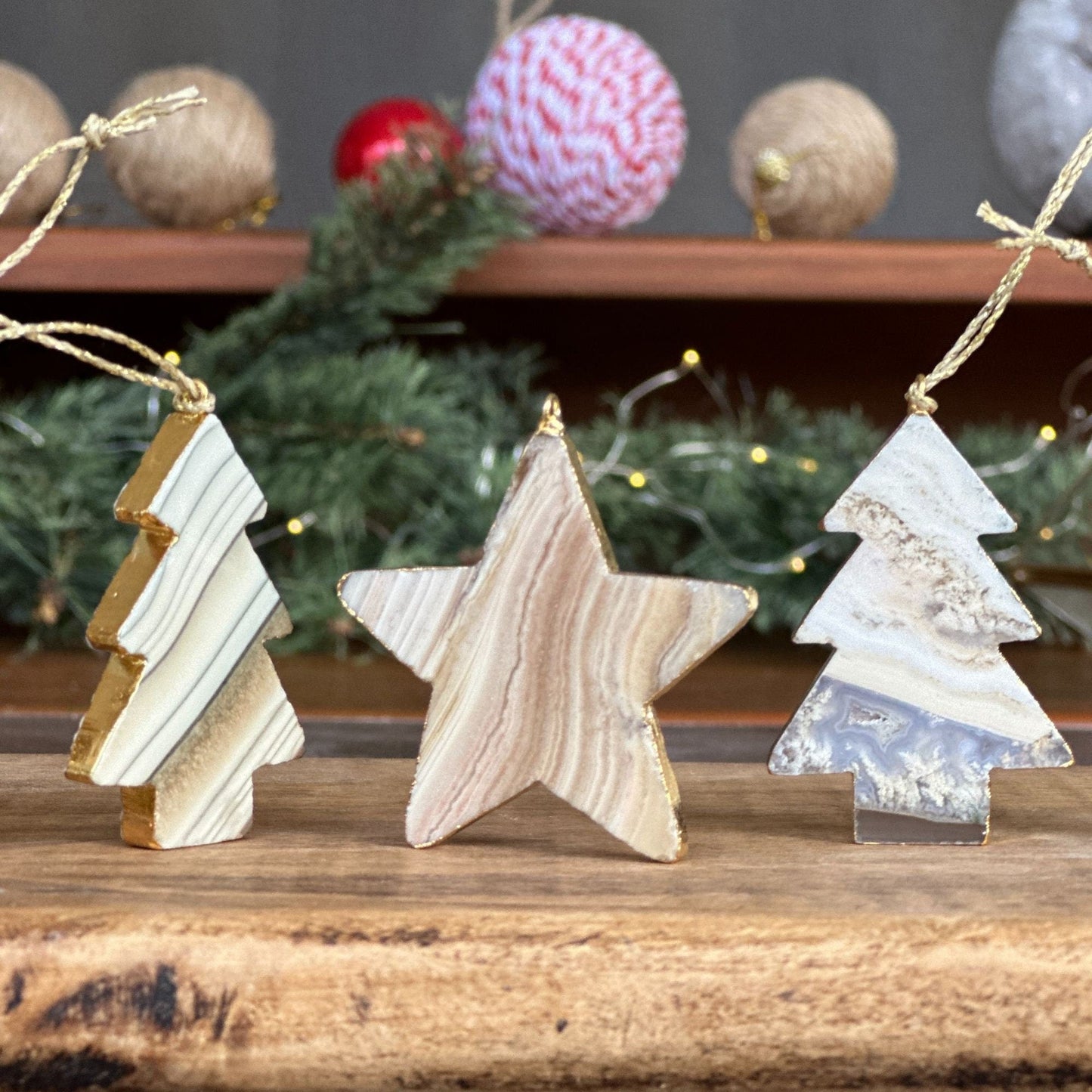 Agate & Jasper Crystal Christmas Tree Ornament (Set of 4 pieces), Handmade Christmas Star and Pine Tree Decor, Genuine Colorful Agate Stones