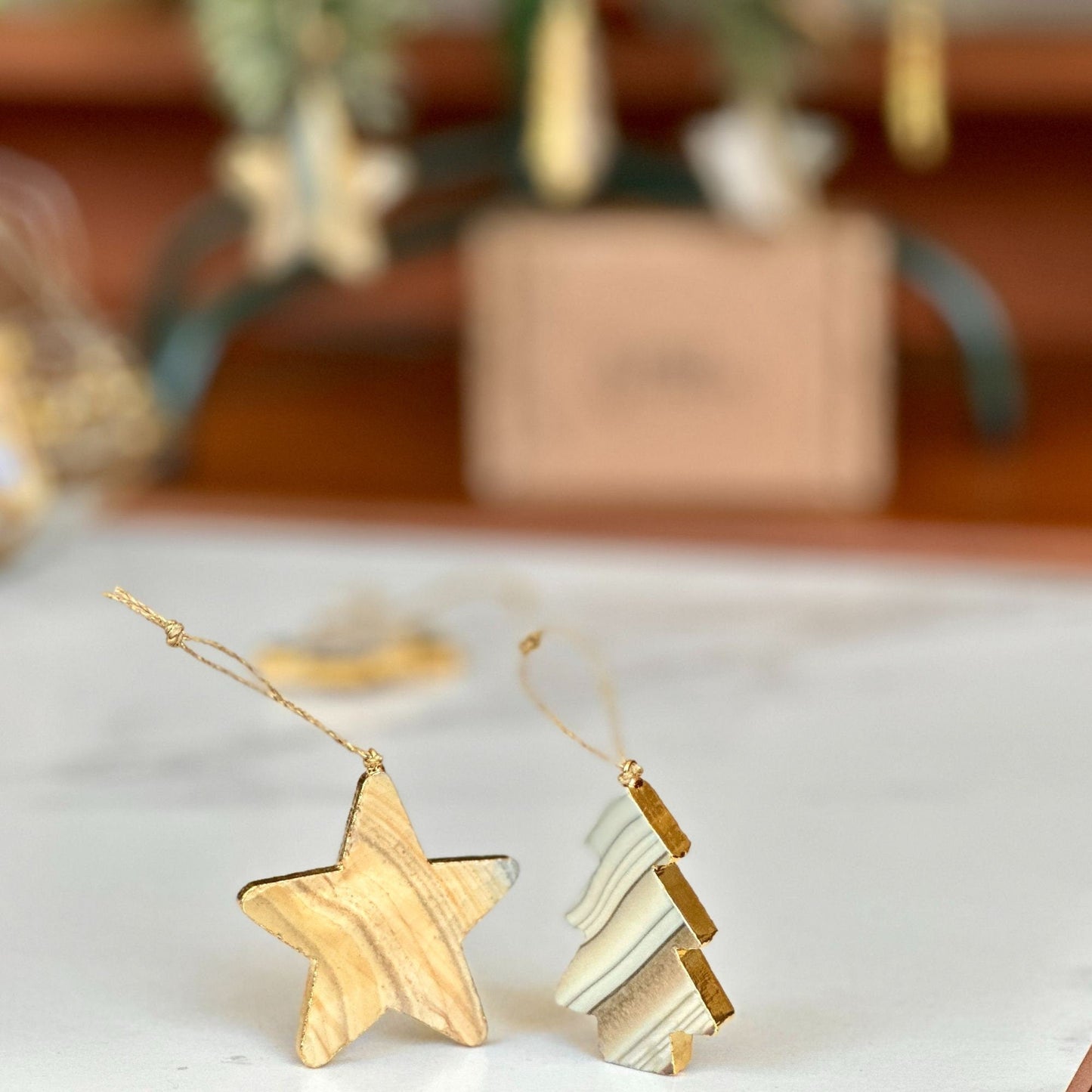 Agate & Jasper Crystal Christmas Tree Ornament (Set of 4 pieces), Handmade Christmas Star and Pine Tree Decor, Genuine Colorful Agate Stones