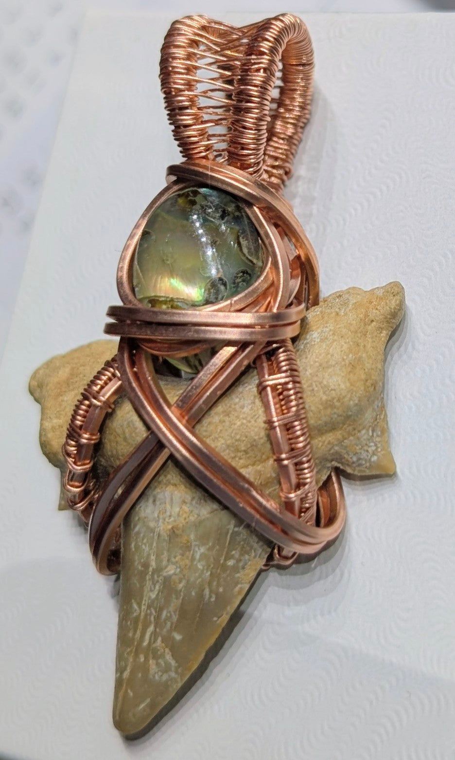 Raw Copper Shark Tooth with Abalone Shell Pendant Necklace