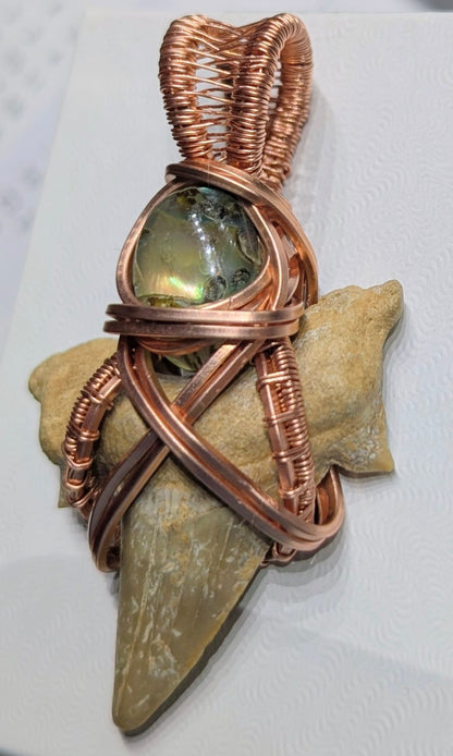 Raw Copper Shark Tooth with Abalone Shell Pendant Necklace
