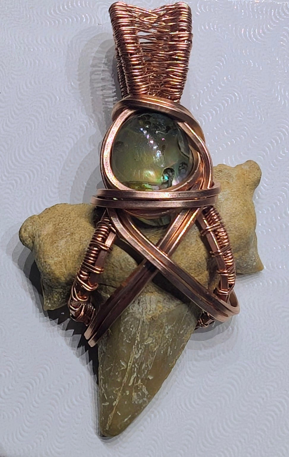 Raw Copper Shark Tooth with Abalone Shell Pendant Necklace