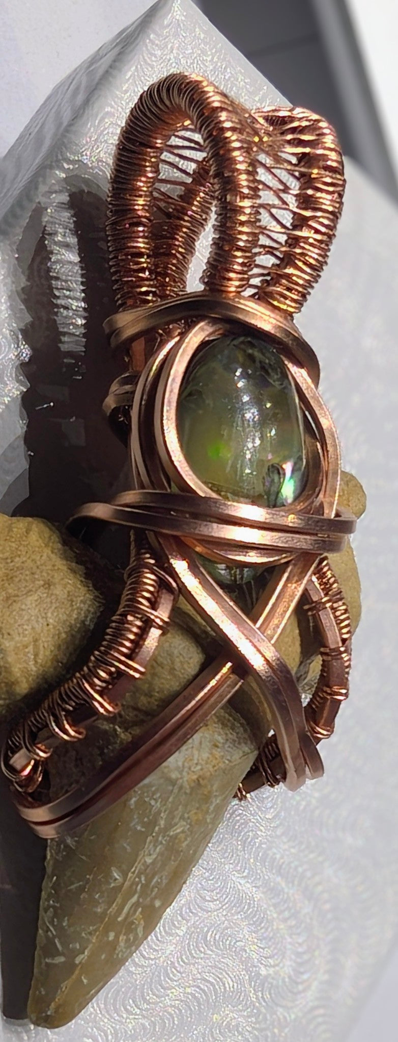 Raw Copper Shark Tooth with Abalone Shell Pendant Necklace